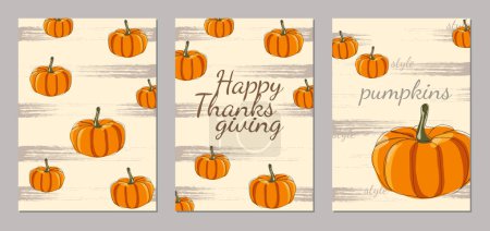 Photo for Set of vector Thanksgiving day invitation and greeting card, flyer, banner, poster templates. Hand drawn pumpkins, cute design elements, and lettering. Thanksgiving day vector collection. - Royalty Free Image