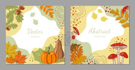 Illustration for Set of abstract templates background with acorns, pumpkins, red fly agaric mushrooms and autumn leaves. Autumn vector background for social media post, card, cover, banner, invitation, poster - Royalty Free Image