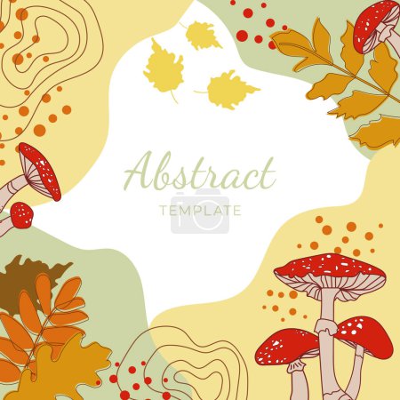 Illustration for Autumn background with red fly agaric mushrooms and leaves. Editable vector for social media post, card, cover, banner, invitation, poster, mobile apps. - Royalty Free Image