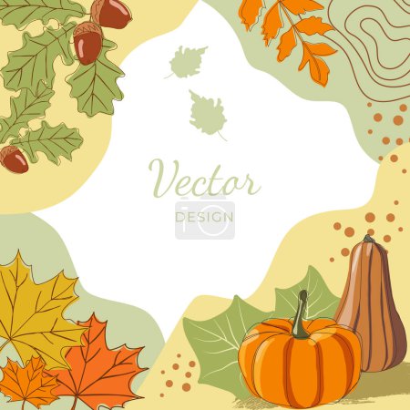 Illustration for Acorns, pumpkins and autumn leaves. Autumn vector background for social media post, card, cover, banner, invitation, poster, mobile apps. - Royalty Free Image