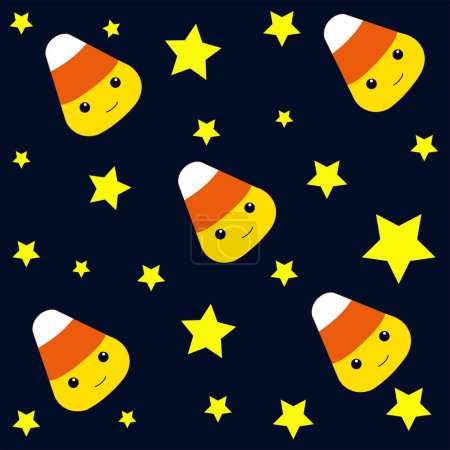 Happy Halloween. Cute candy corn and stars on a dark background. Background with sweets. Seamless pattern. Vector illustration.