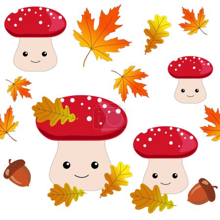 Photo for Amanita mushrooms, acorns and autumn leaves. Fly agaric seamless pattern on white background. Cartoon bright design for textile, cover, background, wrapping paper. - Royalty Free Image