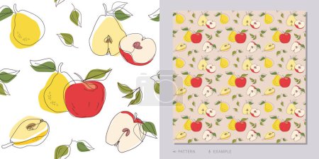 Photo for Pears and apples. Whole and halves of fruits. Summer seamless pattern background. One line drawing. Vector illustration. Pattern for modern design of fabric, wallpaper, wrapping, stationery, textile. - Royalty Free Image
