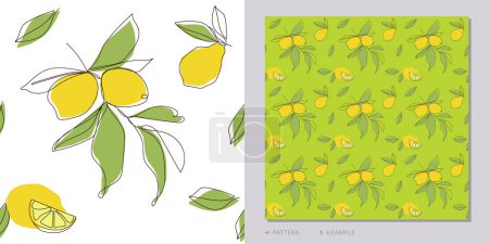 Photo for Seamless pattern with bright juicy lemons. Modern fruit citrus background. One line drawing. Print for fabric and wallpaper. - Royalty Free Image