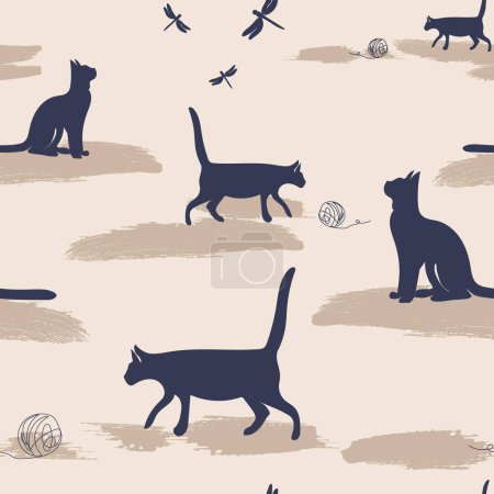 Cute Cats. Seamless pattern background with kittens. Hand drawn vector illustration. Pattern for modern design of fabric, wallpaper, wrapping, stationery, textile.