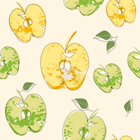 Photo for Half green and yellow apple prints. Juicy apples fruits. Seamless pattern background. Hand drawn line vector illustration. Pattern for modern design of fabric, wallpaper, stationery, textile, labels. - Royalty Free Image