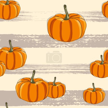 Photo for Orange pumpkins on a light background with textured stripes. Seamless pattern with juicy pumpkins. Vector illustration for modern design of fabric, wallpaper, wrapping, textile. - Royalty Free Image
