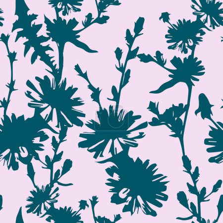 Photo for Meadow chicory flowers silhouettes on light background. Vector seamless pattern. Cute elegant floral background for home textiles, interiors, linens, cotton fabric, scrap book, wrapping paper. - Royalty Free Image