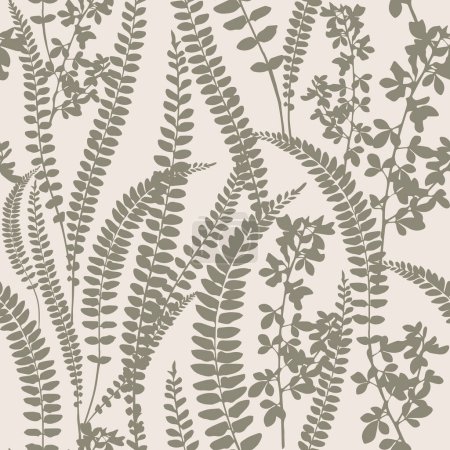 Photo for Seamless light pattern with fern leaves on white background. Meadow wild flowers silhouettes. Monochrome elegant pattern with delicate leaves and flowers. - Royalty Free Image