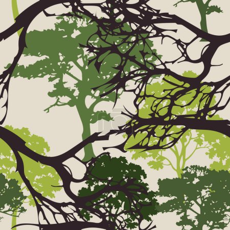 Grüne Bäume und Äste nahtlose Muster auf hellem Hintergrund. Waldgrünes botanisches Design für Heimtextilien, Interieur, Baumwollgewebe, Packpapier