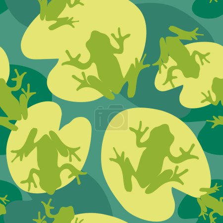Seamless pattern with frogs and water lily leaves. Abstract contemporary print with aquatic amphibians. Vector graphics.
