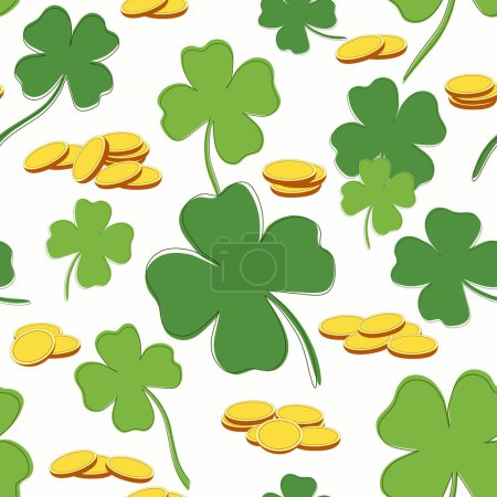 Photo for Seamless pattern with clover leaves and gold coins. Vector illustration. Template design for fabric, wrapping paper, cards, background for St. Patrick Day - Royalty Free Image