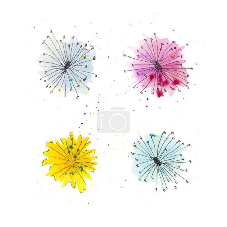 Photo for Dandelion yellow flower. Light air flower. Set of various dandelions. Hand painted watercolor illustration. Vector isolated on white background. - Royalty Free Image