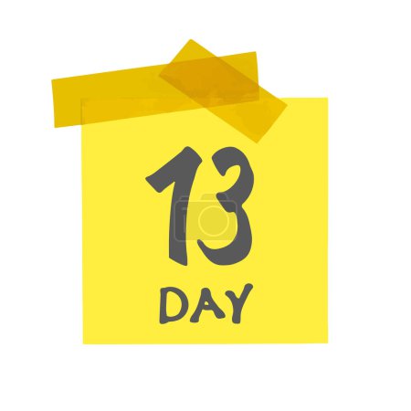 Photo for Thirteenth day of the month. Mark 13 days. Yellow sticker with scotch and handwritten lettering font. Drawing isolated on white background. Vector illustration. - Royalty Free Image