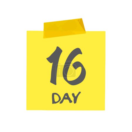 Photo for Sixteenth day of the month. Mark 16 days. Yellow sticker with scotch and handwritten lettering font. Drawing isolated on white background. Vector illustration. - Royalty Free Image