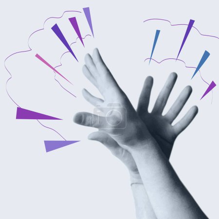 Interlocking human hands with a painted splash of fingers. Hand gestures expressing emotions, magic of hands. Vector illustration, collage.