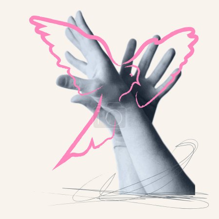 Intertwining of human male hands is like the wings of bird dove drawn line. Freedom, ease and peace concept. Vector art illustration.