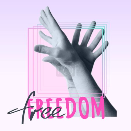 Photo for Human arms with the written word Freedom. Freedom, ease and peace concept. Vector illustration. Art collage. - Royalty Free Image