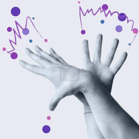 Posición emocional de manos y dedos. La idea de la magia, trucos, milagros con círculos dibujados. La magia de manos y gestos. Ilustración vectorial, collage.