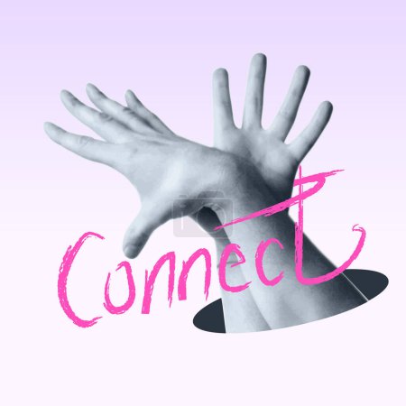 Photo for Human arms with the written word Connect. Emotional intertwining of human hands and fingers, gestures. Vector illustration. Vector illustration. Art collage. - Royalty Free Image