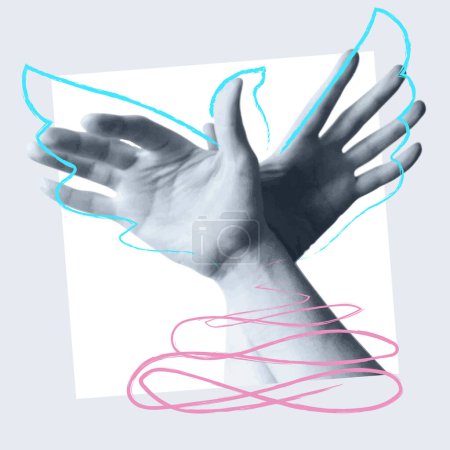 Photo for Intertwining of human hands is like the wings of a bird. Freedom, ease and peace concept. Vector illustration, collage. - Royalty Free Image