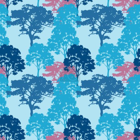Téléchargez les illustrations : Arbres colorés motif sans couture sur fond clair. Design botanique bleu forêt rose pour textiles de maison, intérieurs, tissu de coton, papier d'emballage. - en licence libre de droit