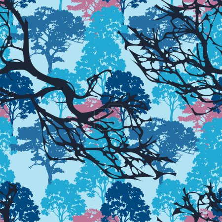 Téléchargez les illustrations : Silhouettes arbres et branches motif sans couture sur fond clair. Design botanique bleu forêt rose pour textiles de maison, intérieurs, tissu de coton, papier d'emballage - en licence libre de droit