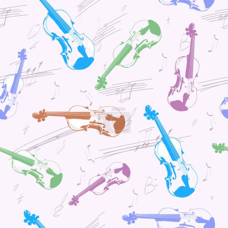 Geigen und Noten. Nahtloses Muster. Abstrakter Vektorhintergrund mit einem musikalischen Thema für Textilien, Interieur, Baumwollgewebe, Packpapier