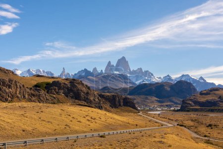 Winding road leading towards the town of El Chalten, famous for the Fitz Roy mountain in the Patagonia region of Argentina.