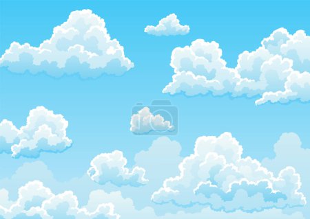 Téléchargez les illustrations : Cloudscape ciel fond de bande dessinée. Ciel diurne bleu clair avec nuages pelucheux blancs. Ciel avec un temps lumineux, saison estivale scène extérieure. Illustration vectorielle. - en licence libre de droit
