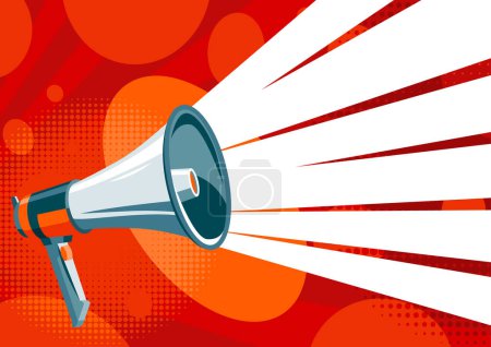 Loudspeaker megaphone with abstract clorful geometric background. Vector vintage poster with retro symbol speaker.