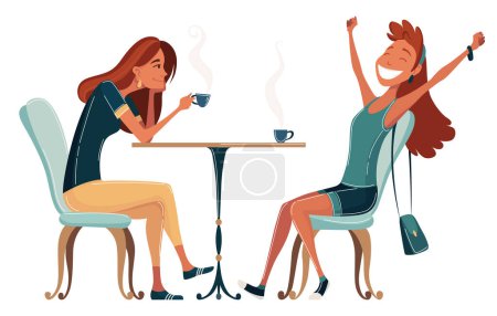 Téléchargez les illustrations : Deux jeunes femmes sont assises à table et parlent dans un café. Rencontre de femmes dans un lieu public, thé ou café au restaurant, conversation. Passer du temps ensemble à la pause café. - en licence libre de droit