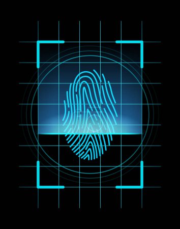 Fingerprint identification. Scan fingerprint, security or identification system concept. Futuristic technology. Biometric data design. Security system based on thumb lines, vector illustration.