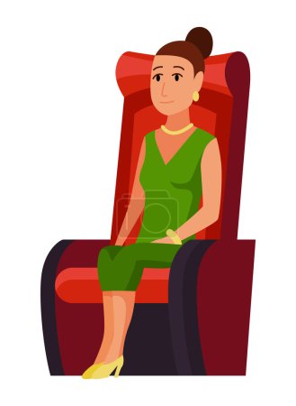 Illustration for Cinema. Woman sitting in chair at movie theater auditorium. Female watching film or motion picture. Viewer or moviegoer. Flat cartoon vector illustration. - Royalty Free Image