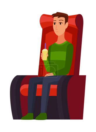 Illustration for Cinema. Man sitting in chair at movie theater auditorium. Young male watching film or motion picture. Viewer or moviegoer. Flat cartoon vector illustration. - Royalty Free Image