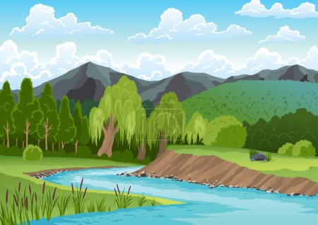 Téléchargez les illustrations : Landscape with river flowing through hills, scenic green fields, forest and mountains. Beautiful scene with river bank shore, blue water, green hill, grass tree and clouds on sky. - en licence libre de droit