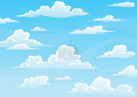Téléchargez les illustrations : Cloudscape ciel fond de bande dessinée. Ciel diurne bleu clair avec nuages pelucheux blancs. Ciel avec un temps lumineux, saison estivale scène extérieure. Illustration vectorielle. - en licence libre de droit