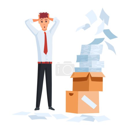 Illustration for Office paperwork. Office worker with stack of documents. Concept man of office work with stress and overworking. Bureaucracy and overwork. - Royalty Free Image