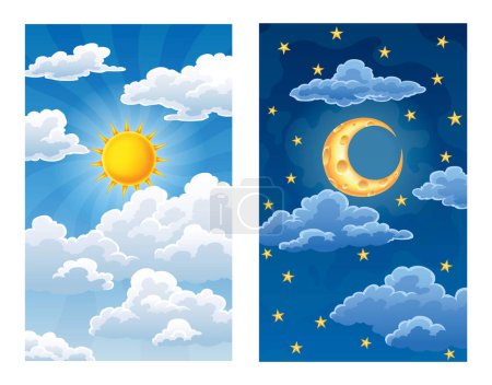 Jour et nuit, soleil et lune avec nuages. Écran d'application météo, conception d'interface mobile. Prévision des conditions météorologiques. Concept de temps bannière vectorielle.