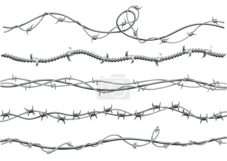 Illustration for Barbed wire set. Fencing strong sharply pointed elements, twisted around, art pattern. Industrial barbwires, protection concept design. Modern metallic sharp elements for area protection. - Royalty Free Image