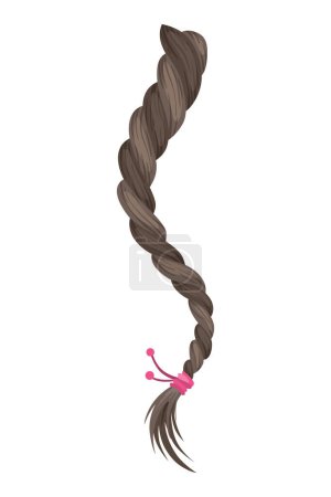 Hair braid. Long female fashion plait. Vector illustration of human hair in natural color. Cartoon art illustration with ribbon isolated on white background.