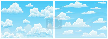 Téléchargez les illustrations : Ensemble de fond de dessin animé ciel nuageux. Ciel diurne bleu clair avec nuages pelucheux blancs. Ciel avec un temps lumineux, saison estivale scène extérieure. Illustration vectorielle. - en licence libre de droit