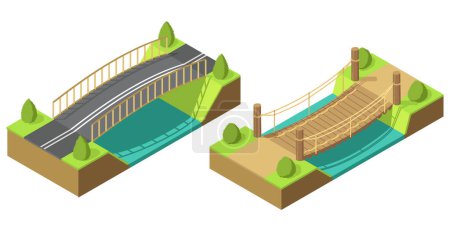 Illustration for Bridge isometric set. 3d isolated drawing elements of modern urban infrastructure for games or applications. Bridge across the river with grass and tree, isometric icon. Element infographic. - Royalty Free Image
