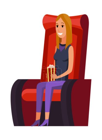 Illustration for Cinema. Girl sitting in chair at movie theater auditorium with pop corn box. Young children watching film or motion picture. Viewer or moviegoer. Flat cartoon vector illustration. - Royalty Free Image