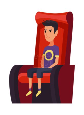 Illustration for Cinema. Boy sitting in chair at movie theater auditorium. Children watching film or motion picture. Viewer or moviegoer. Flat cartoon vector illustration. - Royalty Free Image
