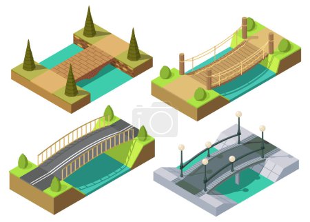 Brücke isometrischen Satz. 3D isolierte Zeichnungselemente moderner städtischer Infrastruktur für Spiele oder Anwendungen. Brücke über den Fluss mit Gras und Baum, isometrisches Symbol. Element-Infografik.