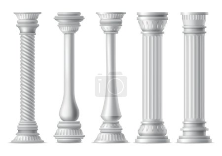 Illustration for Antique columns, realistic icon set. Classic stone pillars of roman or greece architecture with twisted and groove ornament for facade design. - Royalty Free Image