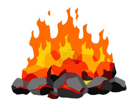 Burning coal. Realistic bright flame fire on coals heap. Closeup vector illustration for grill blaze fireplace, hot carbon or glowing charcoal image.