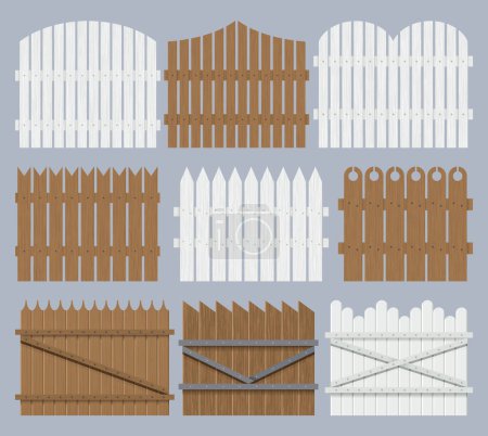 Téléchargez les illustrations : Different types wooden fence design. Rural fencing boards construction in flat style. Enclosing planks, yards barriers. Farm or rural house boundary isolated on white background. - en licence libre de droit