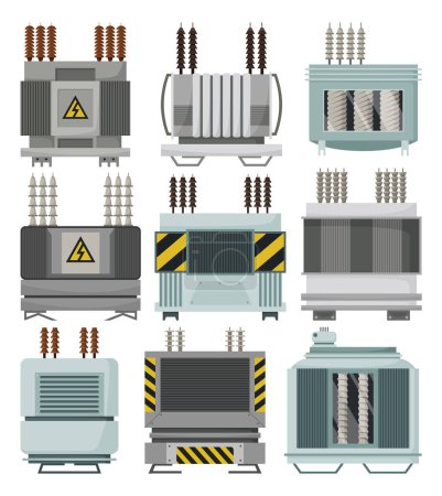 Illustration for High voltage electrical transformers and isolators. Energy substations. Power supply icon set isolated on white background for web design. Flat cartoon illustration. - Royalty Free Image